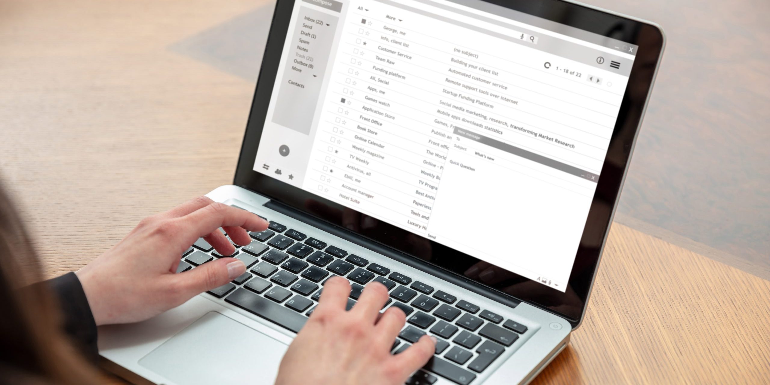 Email client list, woman hand on the computer laptop, inbox e mail message on the screen, close up
