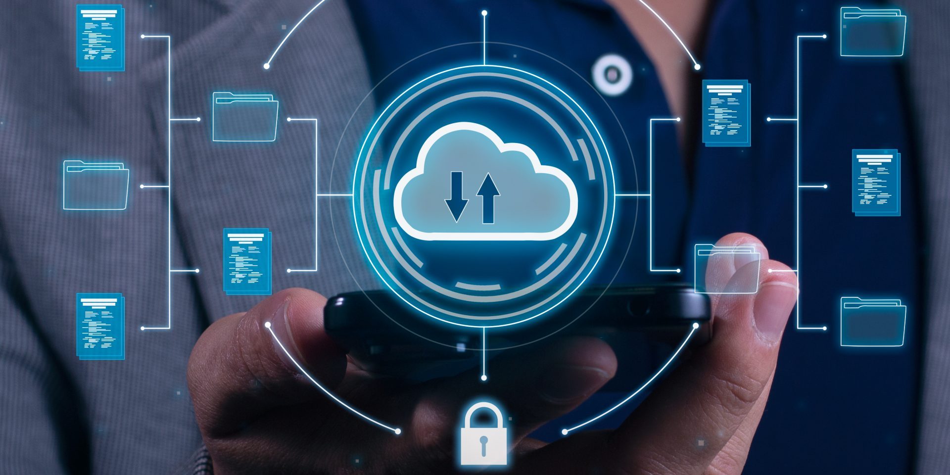 Vertical Photo of A man employs cloud-based computing on his smartphone to facilitate data transmission, storage, backup, and access