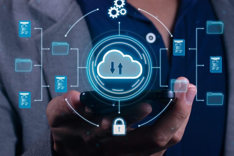 Vertical Photo of A man employs cloud-based computing on his smartphone to facilitate data transmission, storage, backup, and access